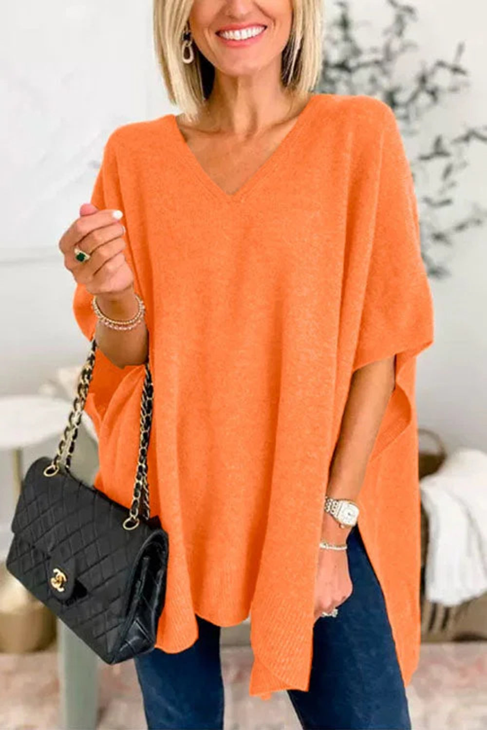 Slit V-Neck Half Sleeve Knit Top