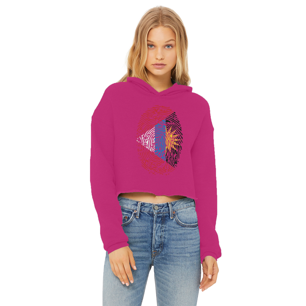 Antigua and Barbuda-Fingerprint Ladies Cropped Raw Edge Hoodie