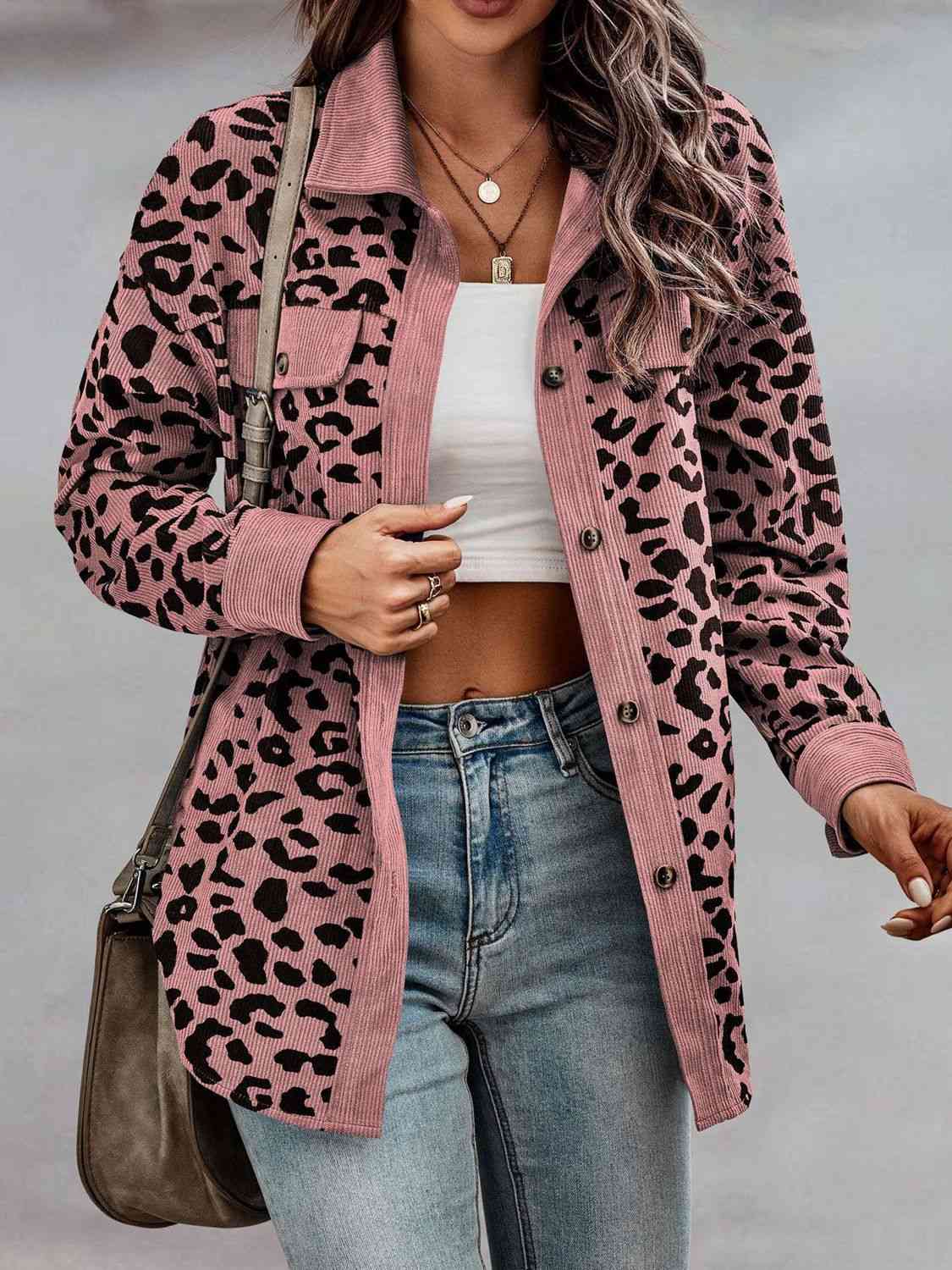 Full Size Leopard Buttoned Jacket